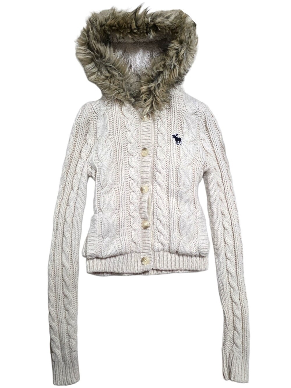 Abercrombie cream vintage long sleeve cable knit button up wool blend faux Fur